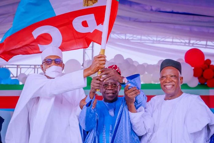 President Muhammadu Buhari, Bola Tinubu, APC Presidential candidate, and Adamu Abdullahi, the National Chairman of the ruling party at Eagle Square, Abuja where Tinubu was declared as the party's flagbearer for the 2023 election. (Punch)