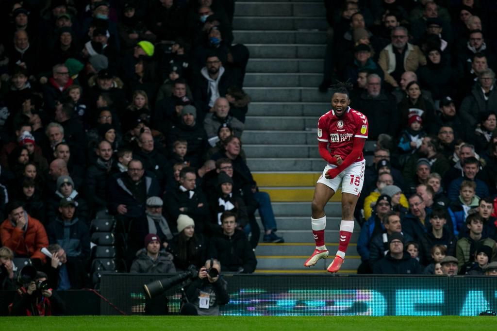 Semenyo celebrates a goal against Championship leaders Fulham