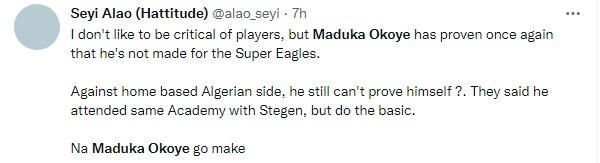 Nigerians react to Maduka Okoye's error vs Algeria B team