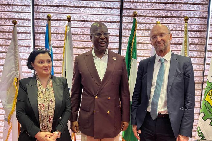 L-R: European Union (EU) Ambassador to Nigeria Isopi, Minister of State Petroleum Resources Chief Timipre Sylva and Deputy Director General EU Energy Platform Tax Force Matthew Baldwin during a courtesy visit to Sylva, on Friday