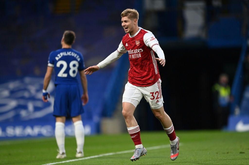 Arsenal midfielder Emile Smith Rowe celebrates scoring at Chelsea