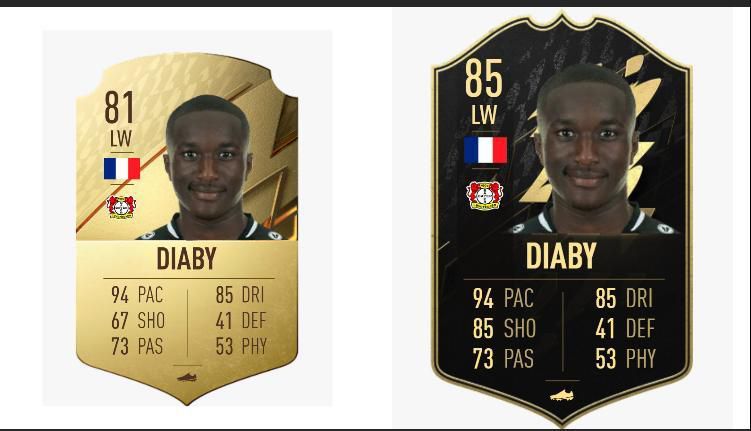 Mousa Diaby FIFA 22 OPR (Left) and TOTW Upgrade (Right)
