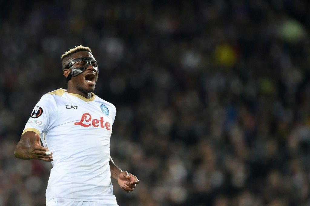 Victor Osimhen, pictured here playing against Barcelona, has scored seven times this Serie A season