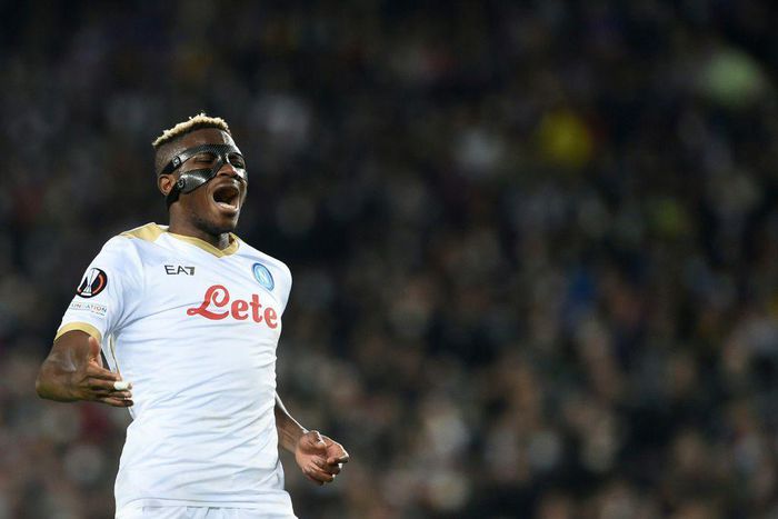 Victor Osimhen, pictured here playing against Barcelona, has scored seven times this Serie A season