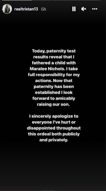 Tristan Thompson admits to fathering Maralee Nichols’ baby