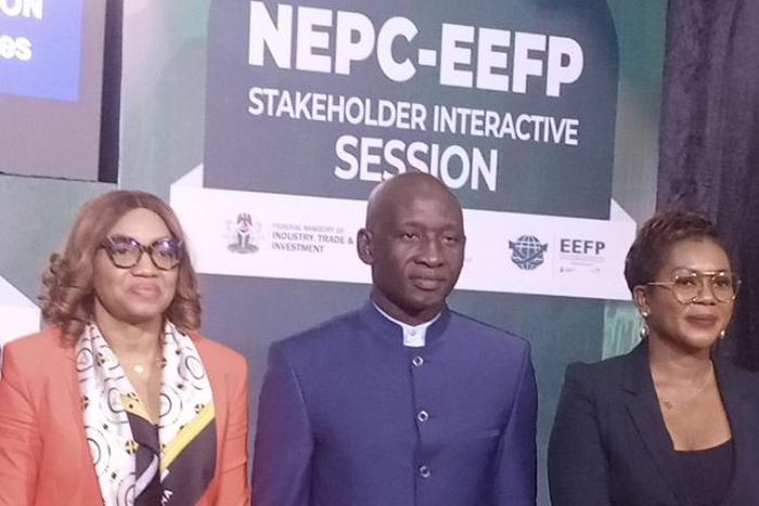 Dr Ezra Yakusak, ED/CEO, NEPC (M), Ms Maureen Ideozu, Programme Manager EEFP (L) and Ms Lila Bolusire, Work Stream Lead, Export Aggregation, EEFP (R)