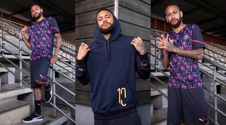 PSG  star Neymar shows of his Puma signature jersey hoodie and jersey