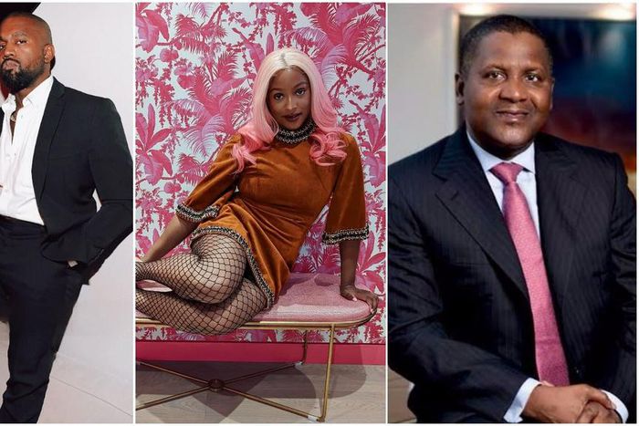 American rapper Kanye West, DJ Cuppy and billionaire businessman Aliko Dangote [Instagram/KanyeGoatWest] [Instagram/CuppyMusic] [Instagram/DangoteFanpage]