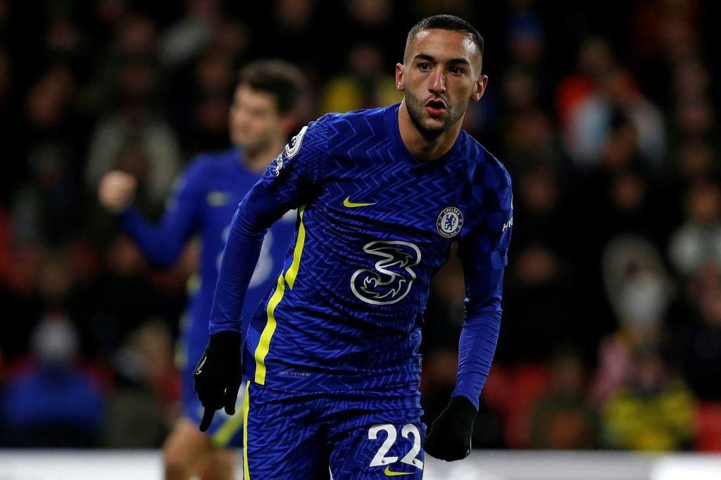 Chelsea midfielder Hakim Ziyech celebrates after scoring at Watford