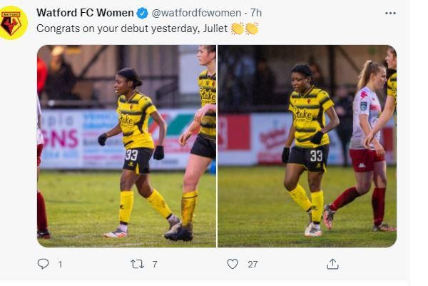 Watford congratulated Juliet on her succesful debut