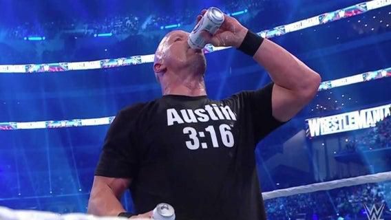 Stone cold enjoying a cold one at Wrestlemania 38