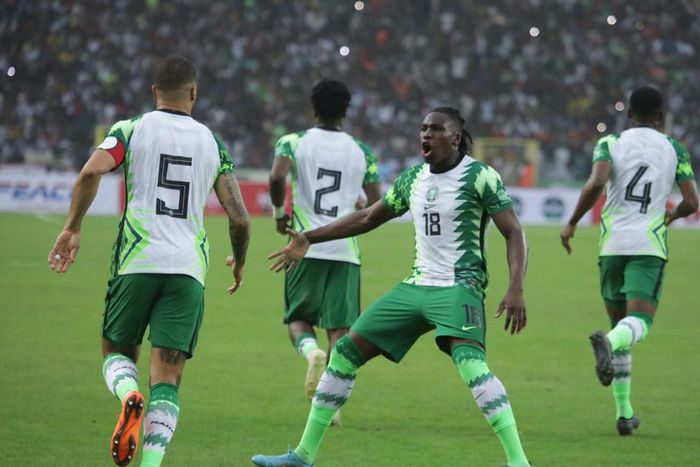 Super Eagles celebrate Ekong's goal