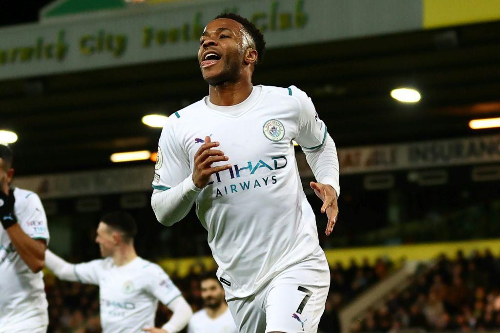 Manchester City forward Raheem Sterling celebrates against Norwich