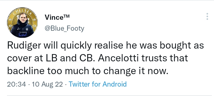 Fans troll Antonio Rudiger for sitting on the bench.