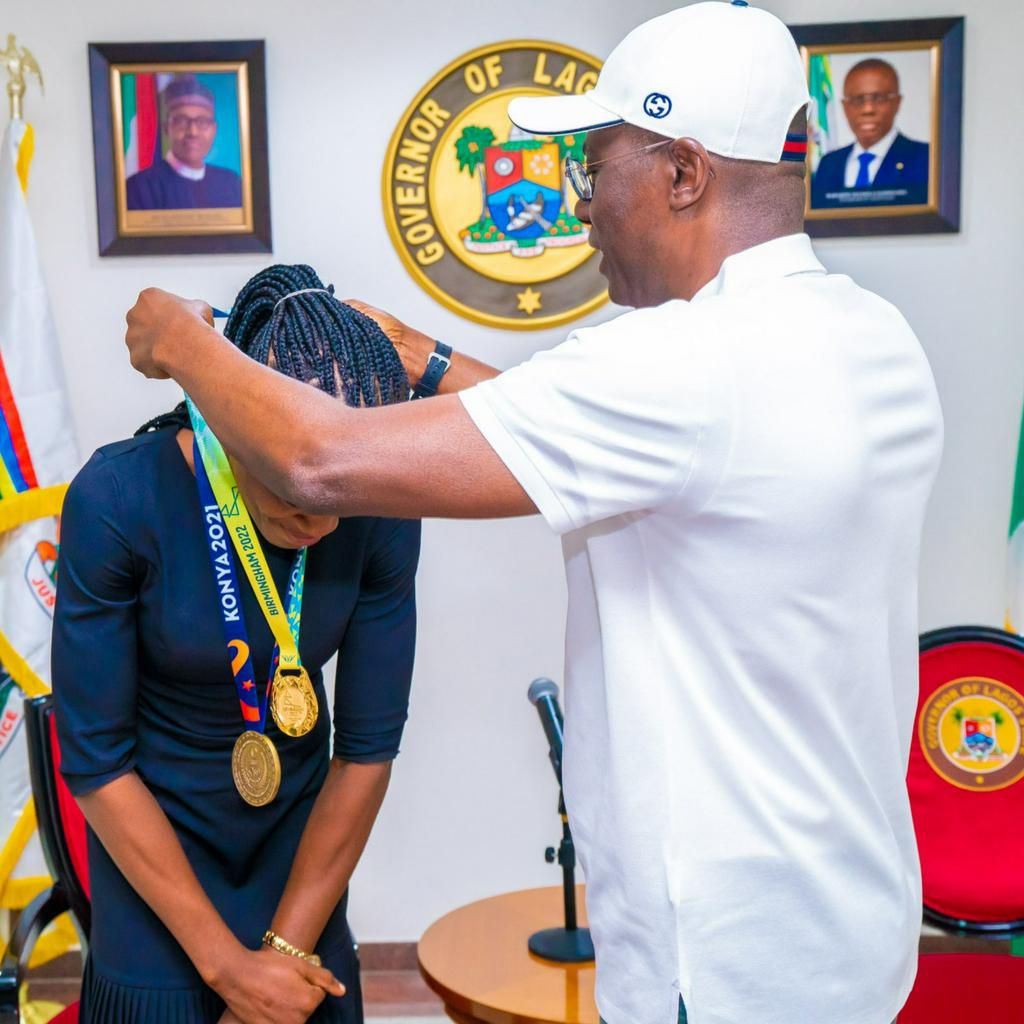 Lagos State Governor Sanwo-Olu welcomes Commonwealth gold medalist Odunayo Adekuroye