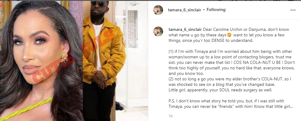 Timaya's 2nd baby mama Tamara replies Caroline Danjuma, calls her a 'cola nut'
