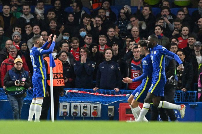 Chelsea forward Kai Havertz (C) celebrates scoring against Lille