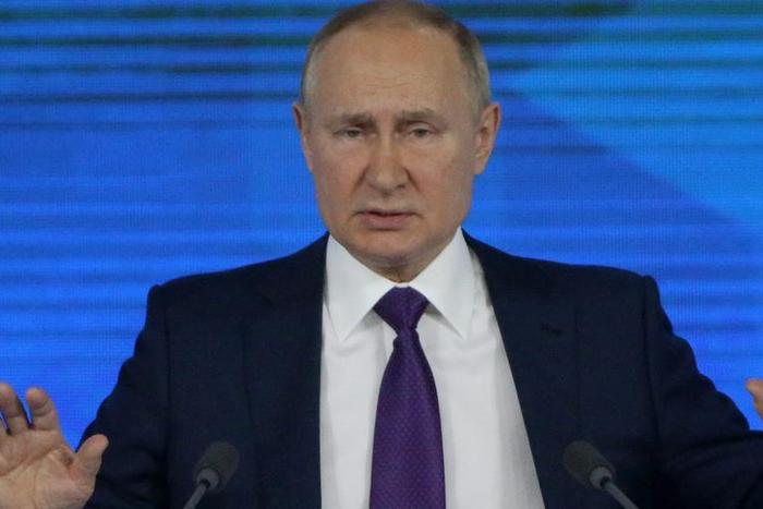 Russian President Vladimir Putin speaks during his annual press conference at the Moscow Manege on December 23, 2021 in Moscow, Russia.