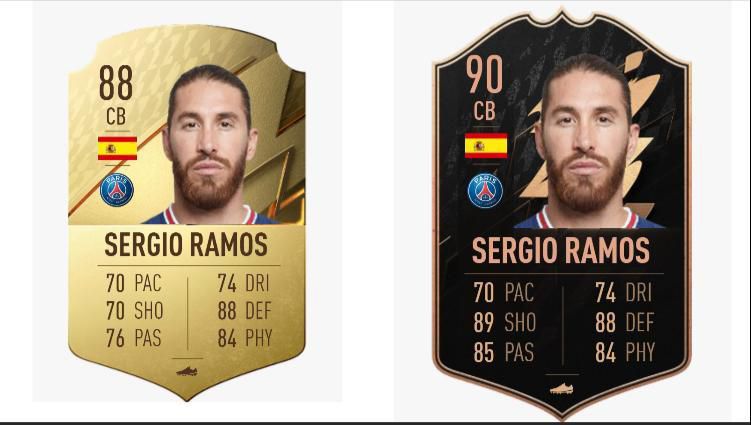 Sergio Ramos FIFA 22 OPR (Left) and TOTW Upgrade (Right)