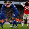 Jorginho (left) celebrates after equalising for Chelsea against Arsenal