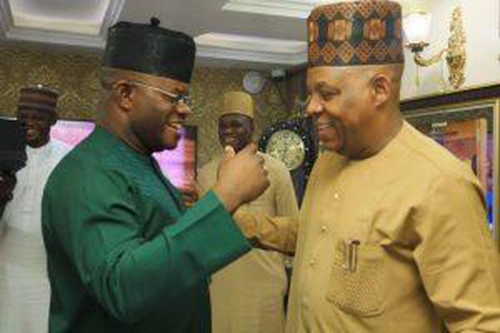 L-R Gov Yahaya Bello of Kogi receives Kashim Shetima, running mate of the APC Presidential flag bearer in the 2023 general elections in his Abuja residence on Monday