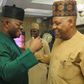 L-R Gov Yahaya Bello of Kogi receives Kashim Shetima, running mate of the APC Presidential flag bearer in the 2023 general elections in his Abuja residence on Monday