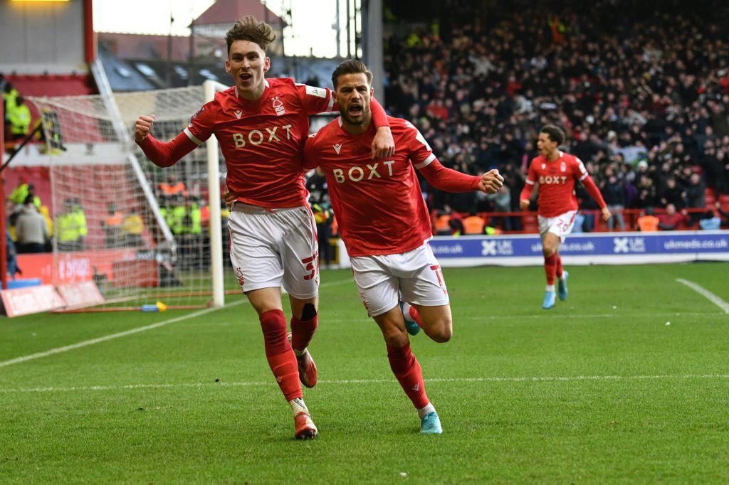 Nottingham Forest's Philip Zinckernagel (C) celebrates scoring against Leicester