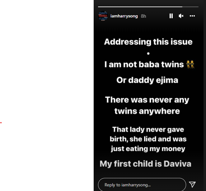 Harrysong says ex-girlfriend deceived him, never gave birth to twins