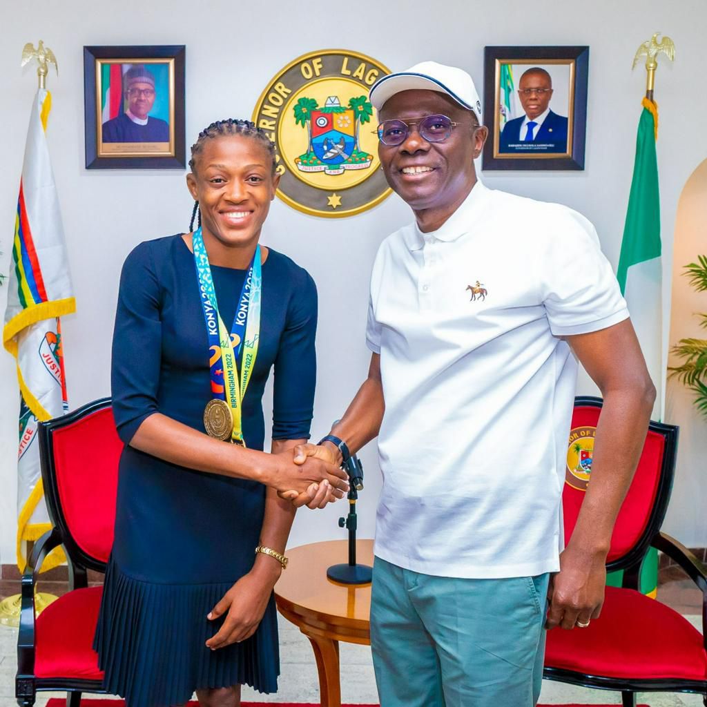 Lagos State Governor Sanwo-Olu welcomes Commonwealth gold medalist Odunayo Adekuroye