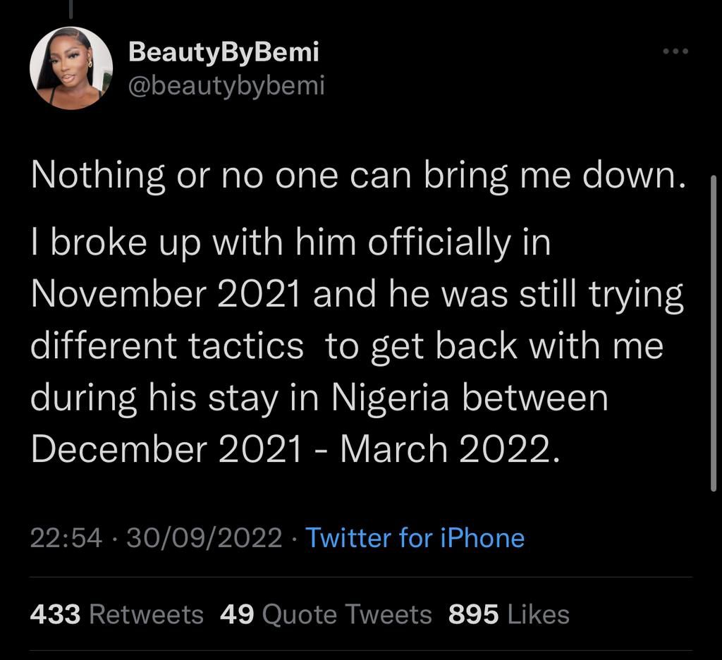 Beauty By Bemi tweets accusing Sheggz of abuse [Twitter/beautybybemi]