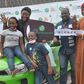 R-L: Zonal Coordinator, National Lottery Regulatory Commission, Lagos,  Mrs Priscilla Onuzulu, Hon. Jude Emeka Idimogu of the Lagos State House of Assembly;  Head, Enterprise Business Group, Globacom, Zakari Usman; winner of brand new car in Glo Joy Un...