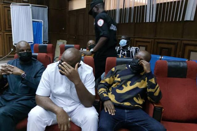 Abba Kyari, suspended Deputy Commissioner of Police and his co-defendants, arrive the Federal High Court in Abuja on Monday, ahead of the arraignment for alleged crimes. (Premium Times)