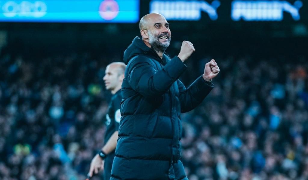 A happy Pep Guardiola celebrates another giant step to closer to the PL title.