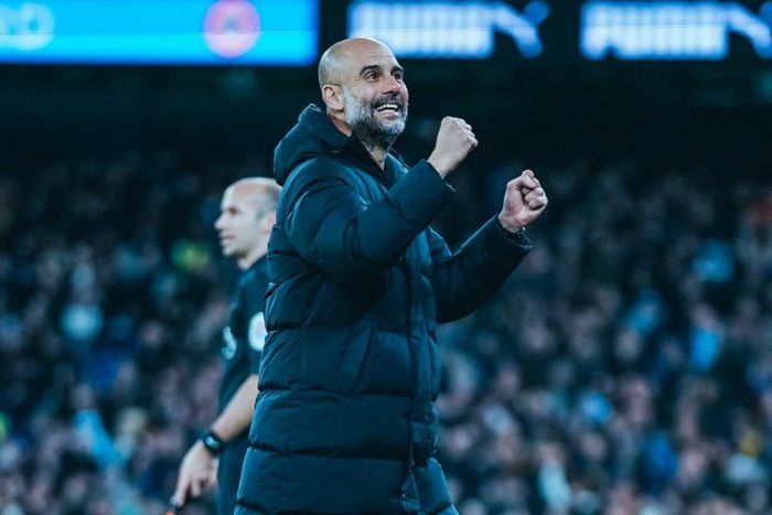 A happy Pep Guardiola celebrates another giant step to closer to the PL title.