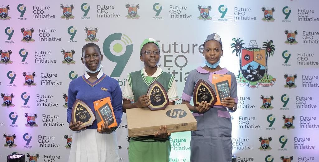 L-R:  2nd Runner-Up, Bamigbola Enioluwafe, representing Government Senior Model College Owutu Ikorodu; Winner, 9mobile Future CEO Initiative Speaking Competition, Okorie Jane Francis representing Lagos State Civil Service Senior College, Igbogbo and t...