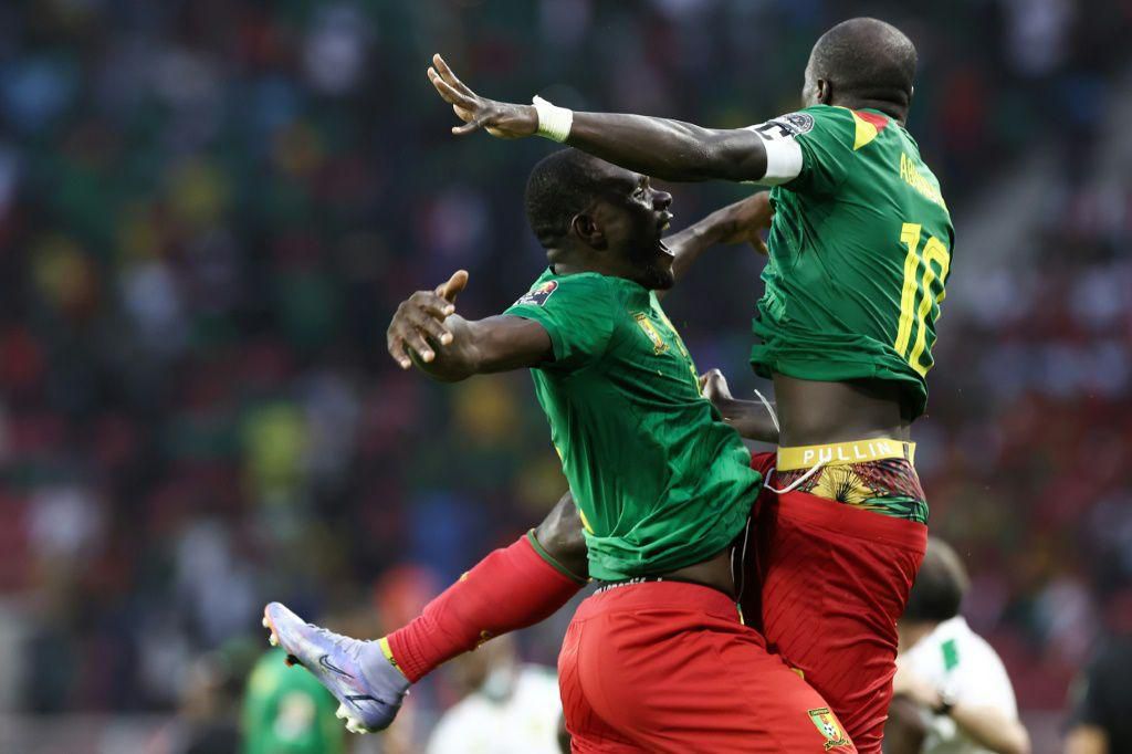 Vincent Aboubakar (R) celebrates scoring his second goal, and Cameroon's third, in their 4-1 defeat of Ethiopia at the Africa Cup of Nations