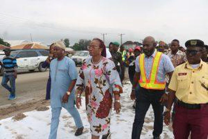 L-R: Chairman, Ibeju Lekki Local Council Development Area, Mr Abdullahi Oluwa, Special Adviser to Governor Babajide Sanwo-Olu on Works and Infrastructure, Mrs Aramide Adeyoye, Permanent Secretary Office of Infrastructure, Mr Olufemi Daramola, during in...