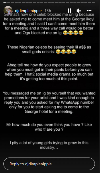 DJ Dimplenipple accuses D'Prince of blocking her on Instagram for refusing to meet in a hotel