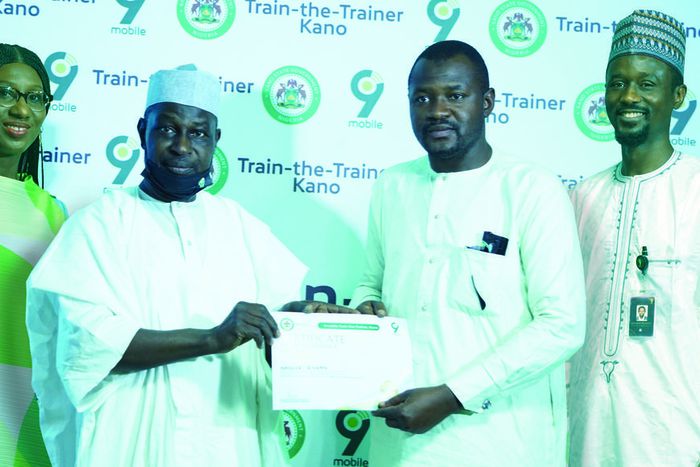 L-R: PR Lead 9mobile, Chineze Amanfo; Executive Secretary, Kano State Library Board, Dr. Ibrahim Ahmad Bichi, representing the Commissioner of Education, Kano; Participant, Mansur Ridwan and Head Regional Sales, 9mobile, Babangida Mukaddas, during 9mob...