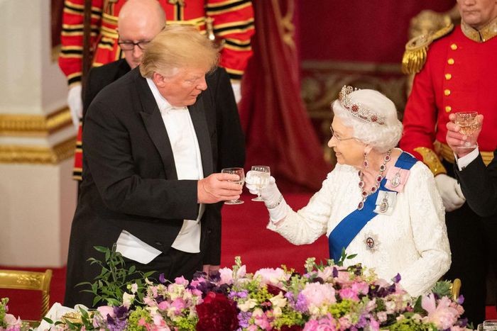Britain's Queen Elizabeth II raised a glass with US President Donald Trump during a state banquet in the ballroom at Buckingham Palace on June 3, 2019.