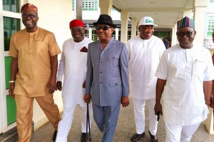 Governor Seyi Makinde (Oyo), Okezie Ikpeazu (Abia), Nyesom Wike (Rivers), Ifeanyi Ugwuanyi (Enugu) and Samuel Ortom (Benue) after their meeting on Sunday, October 2, 2022. (PMNews)