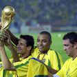 Football, 2002 FIFA World Cup Final, Yokohama, Japan, 30th June 2002, Germany 0 v Brazil 2, Brazil's (L-R); Kleberson, Belletti & Gilberto Silva celebrate with the World Cup trophy (Photo by Bob Thomas Sports Photography via Getty Images)
