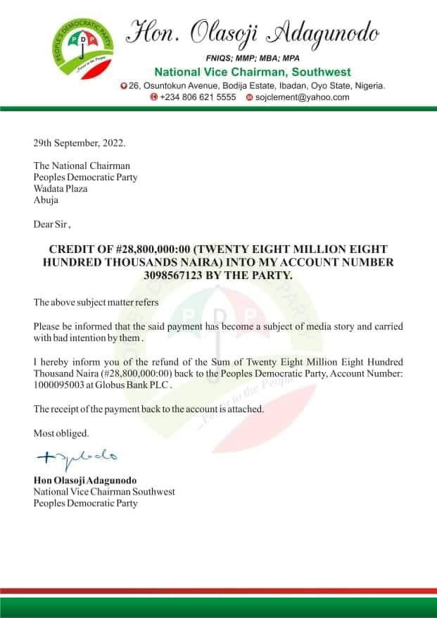 Scandal in PDP as NWC members return 'mysterious' N122.4m to the party. [Twitter:@efewonyi]