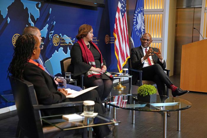 Makila James, a USIP senior advisor; Joshua Meservey, a senior policy analyst at the Heritage Foundation; Dana Banks, senior director for Africa at the U.S. National Security Council; and Tony Elumelu discuss entrepreneurship and peacebuilding in Afric...