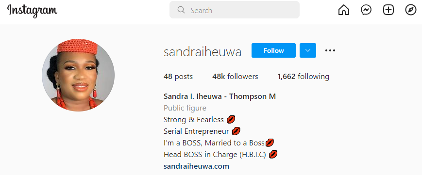Sandra Iheuwa reverts to husbands name in Instagram days after split