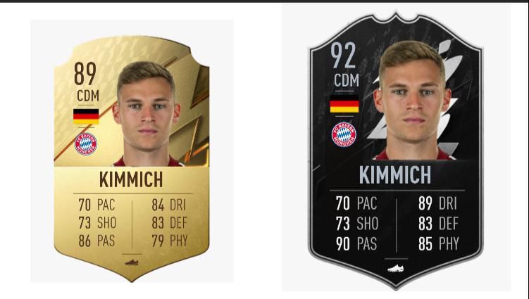 Kimmich FIFA 22 OPR (Left) and TOTW Upgrade (Right)