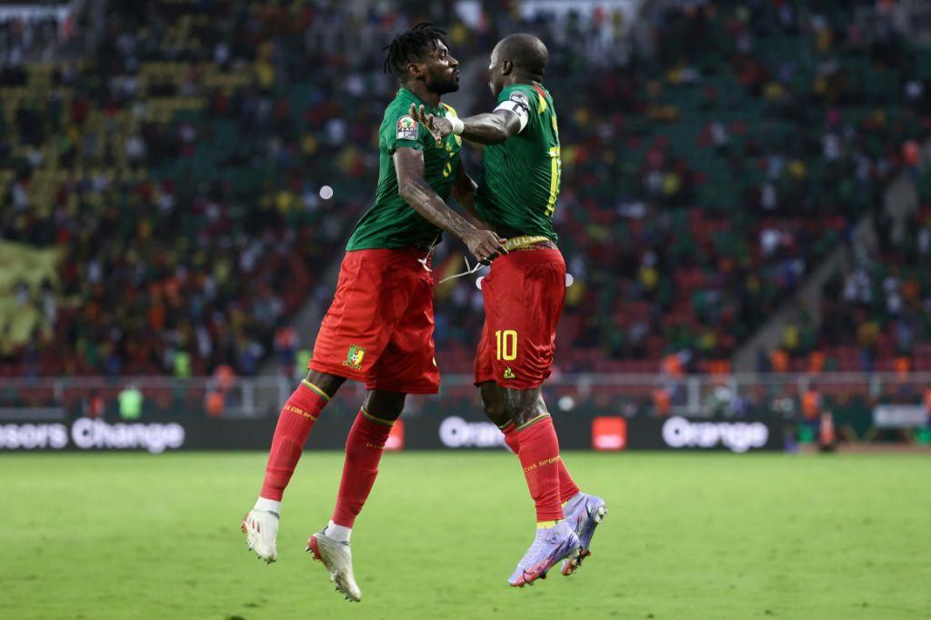 Vincent Aboubakar (R) celebrates after scoring in Cameroon's 4-1 win over Ethiopia at the Africa Cup of Nations on Thursday