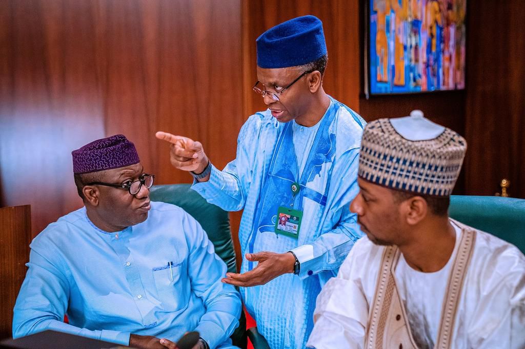 Ekiti state Governor, Kayode Fayemi and his Kaduna state counterpart, Nasiru El-Rufai at the National Economic Council meeting in Abuja on Thursday, March 19, 2020. []Twitter/@BashirAhmaad]