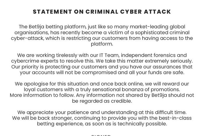 Bet9ja: Statement on criminal cyber attack