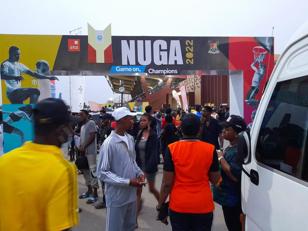 The branded entrance to the NUGA2022 Sports Centre